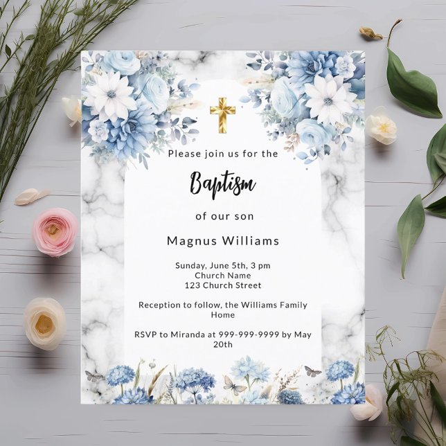 Papier Bleu flores marbre arche baptême invitation (Créateur téléchargé)