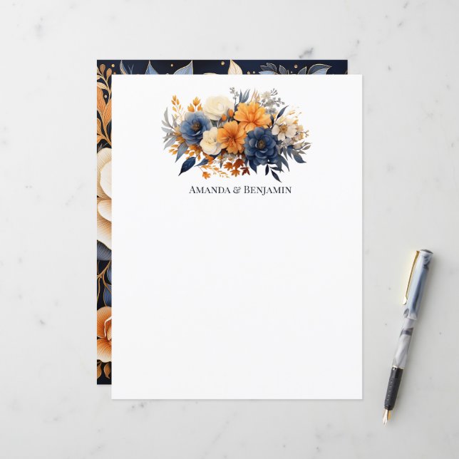 Papier Bleu marine, orange brûlé et Mariage de fleurs de  (Devant/Arrière en situation)