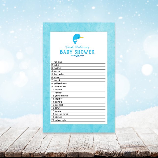 Papier Bleu Narwhal Baby shower Mot Scramble Jeu (Créateur téléchargé)