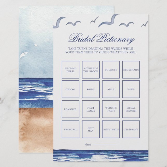 Papier Bleu Nautique Mer de mer Bridal jeu Pictionary (Devant / Derrière)