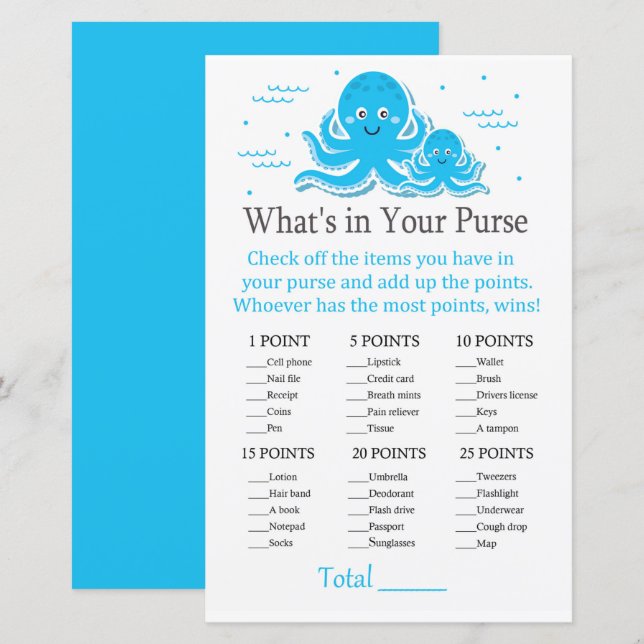 Papier Bleu Octopus Ce qui est dans votre jeu de sacs à m (Devant / Derrière)