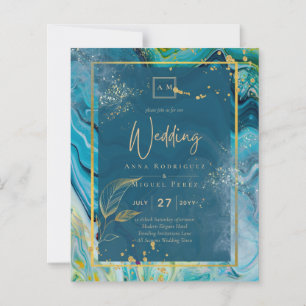 Papier Bleu Paon Or ENCRE Mariage Abstrait