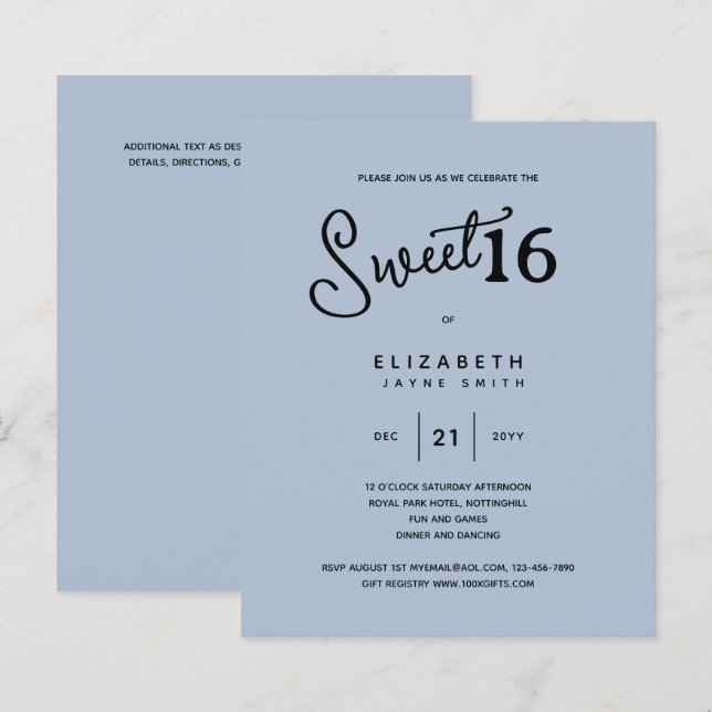 Papier Bleu SWEET 16 Moderne Élégant Budget Anniversaire (Devant / Derrière)