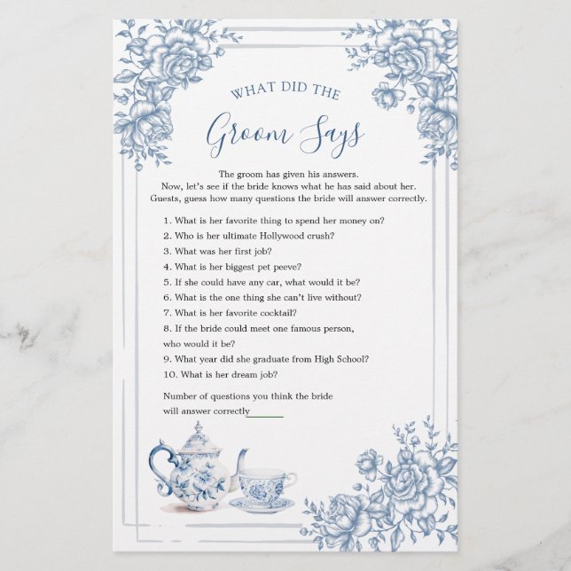 Papier Bleu Victorian Garden Thé nuptial Ce que dit Groom (Devant)