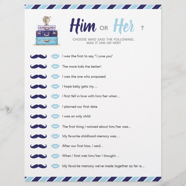 Papier Bleu Voyage Douche bébé nuptiale Lui ou son jeu (Devant)