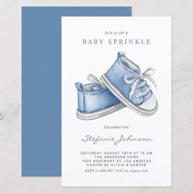 Papier Blue Baby Chaussures Garçon Baby Sprinkle Invitati (Devant / Derrière)