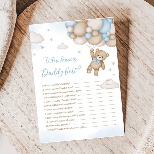 Papier Blue Bear Balloons Baby shower Qui Connaît Le Meil (Blue Bear Baby Shower Who knows Daddy Best Game )