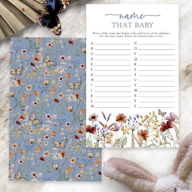 Papier Blue Boho Nom Ce Bébé Jeu (Dusty Blue Boho Floral Name That Baby Game Card with Butterfly by Painted Paperie
)