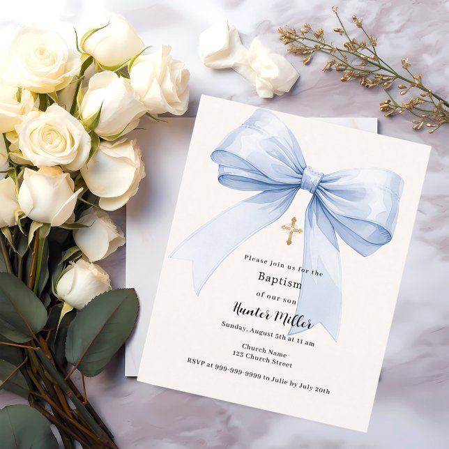 Papier Blue bow crème garçon Baptême invitation (Créateur téléchargé)