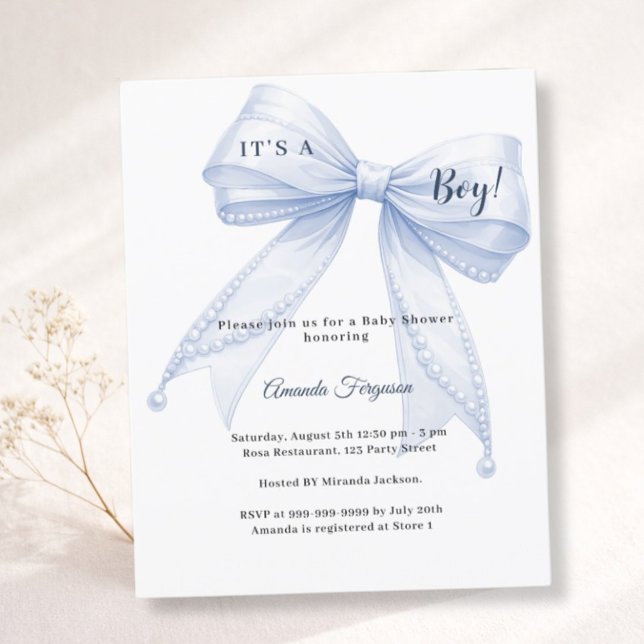 Papier Blue bow elegant pearls boy Baby Shower invitation (Créateur téléchargé)