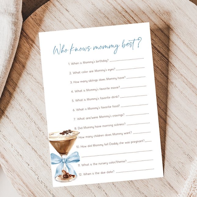 Papier Blue Bow Espresso Martini Qui Connaît Maman Jeu (Espresso Baby Shower Game)