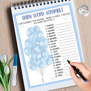 Papier Blue Boy Balloon Word Scramble Baby shower Jeu