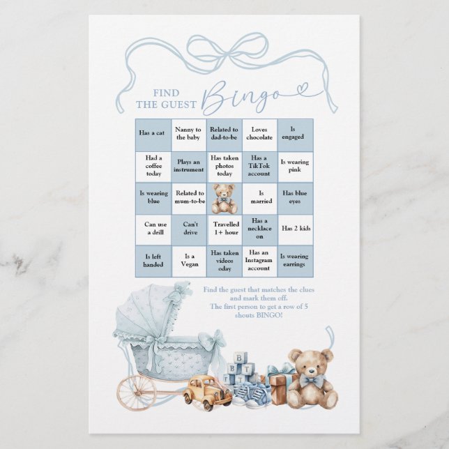 Papier Blue Coquette Baby Carriage Find The Guest Bingo (Devant)