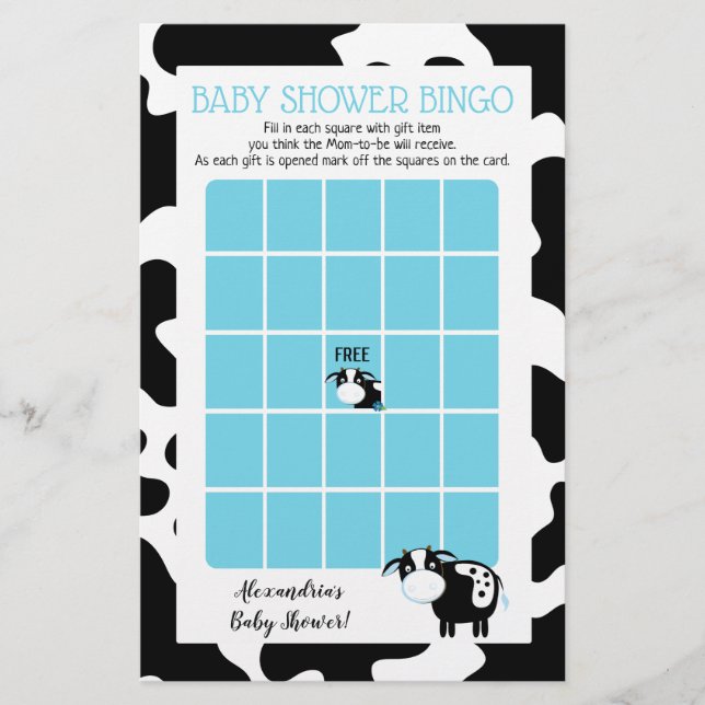 Papier Blue Dairy Cow Baby shower Bingo Jeu (Devant)