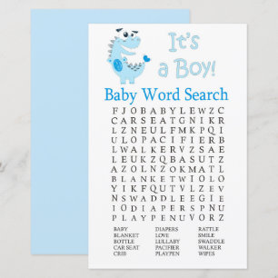 Papier Blue Dinosaur Baby shower Word Recherche Jeu