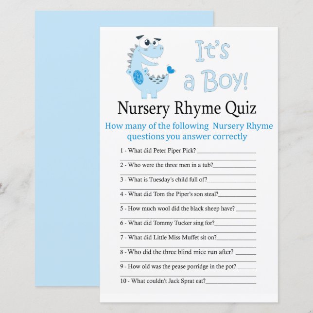 Papier Blue Dinosaur Nursery Rhyme Quiz jeu de baby showe (Devant / Derrière)