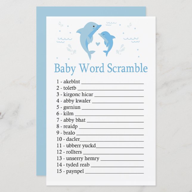 Papier Blue Dolphin Baby jeu de brouillage de mot (Devant / Derrière)