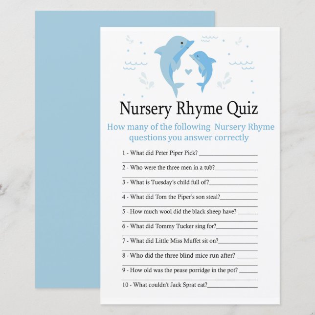 Papier Blue Dolphin Nursery Rhyme Quiz jeu de baby shower (Devant / Derrière)