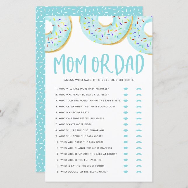 Papier Blue Donuts Devinez Qui Maman ou Papa Baby shower  (Devant / Derrière)