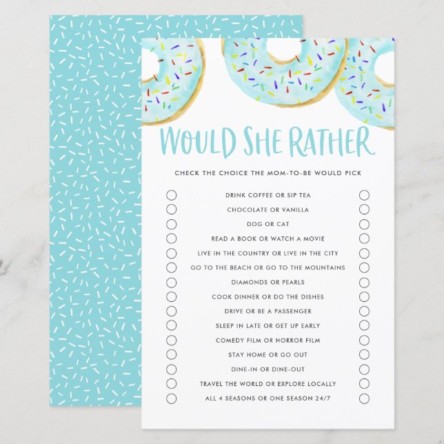 Papier Blue Donuts Voudrait-Elle Plutôt Baby shower Jeu (Devant / Derrière)
