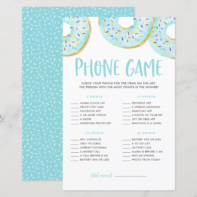 Papier Blue Donuts What's On Your Phone Baby shower Game (Devant / Derrière)