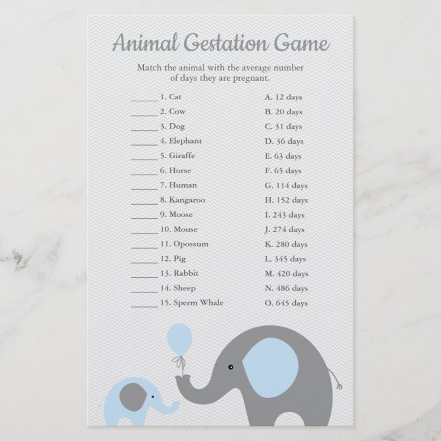 Papier Blue Elephant Animal Gestation Match Douche Jeu (Devant)