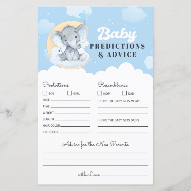 Papier Blue Elephant Baby Prediction et de conseil Jeu (Devant)