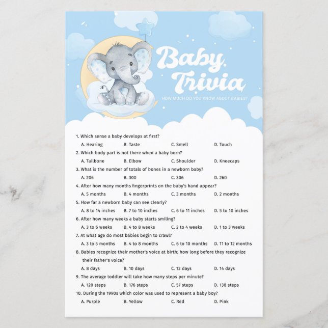 Papier Blue Elephant Baby shower Baby Trivia Jeu (Devant)