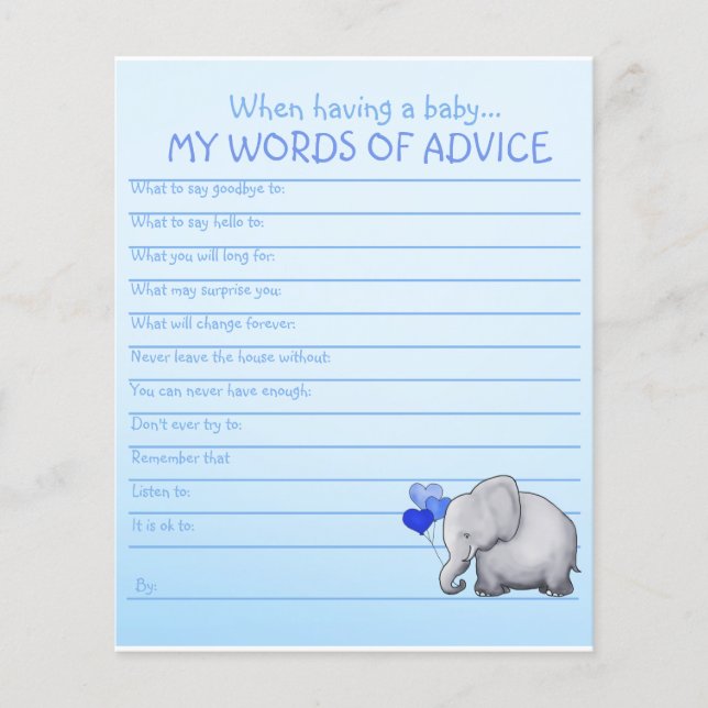 Papier Blue Elephant Baby shower Mots de conseil Jeu (Devant)