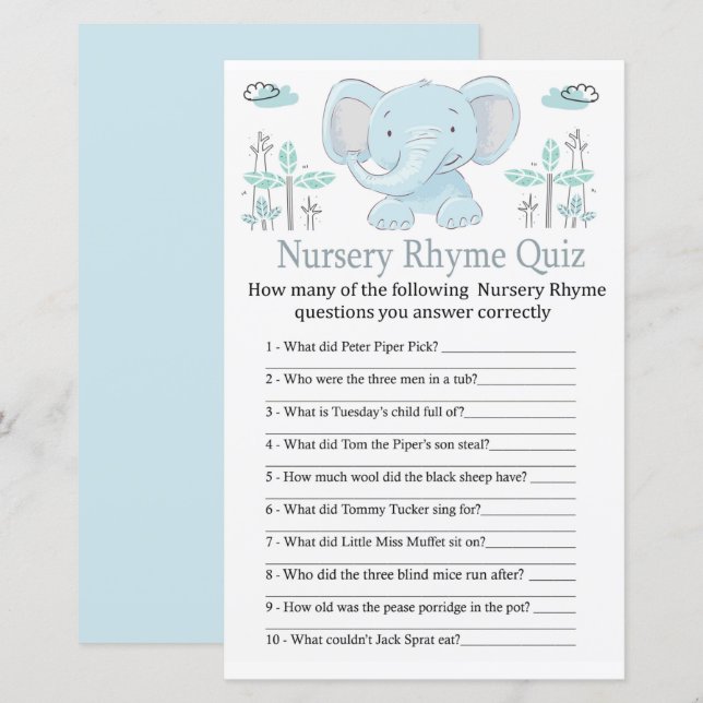 Papier Blue éléphant Nursery Rhyme jeu de baby shower (Devant / Derrière)