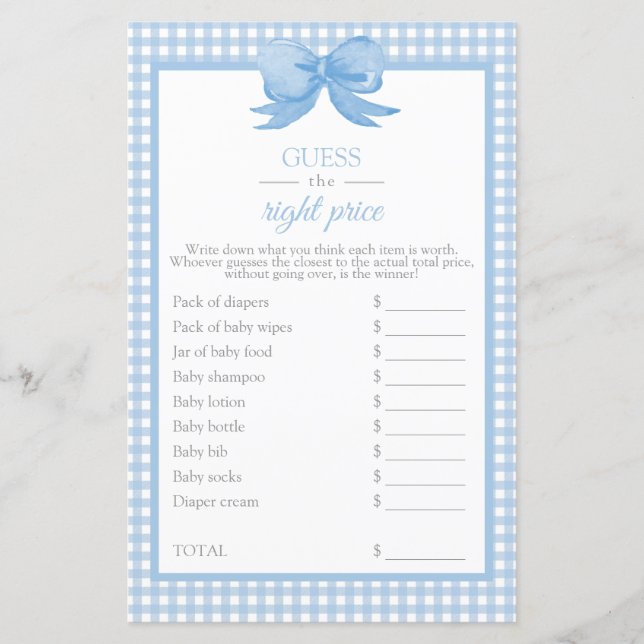 Papier Blue En vichy Baby shower Devinez le jeu du prix (Devant)