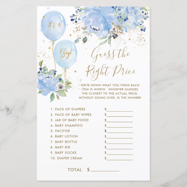Papier Blue Floral Balloon Garçon Devinez le bon prix jeu (Devant)