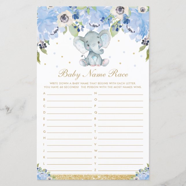 Papier Blue Floral Cute Elephant Nom de la race Jeu (Devant)
