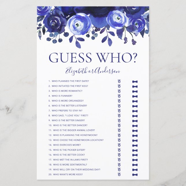 Papier Blue Floral Devinez Qui Fête des mariées Jeu (Devant)