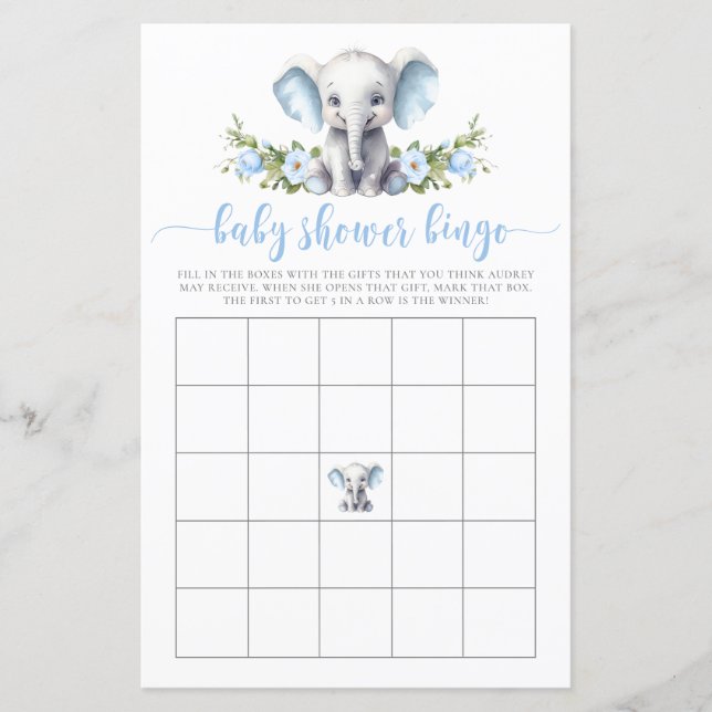 Papier Blue Floral Elephant Baby Bingo Douche Jeu (Devant)