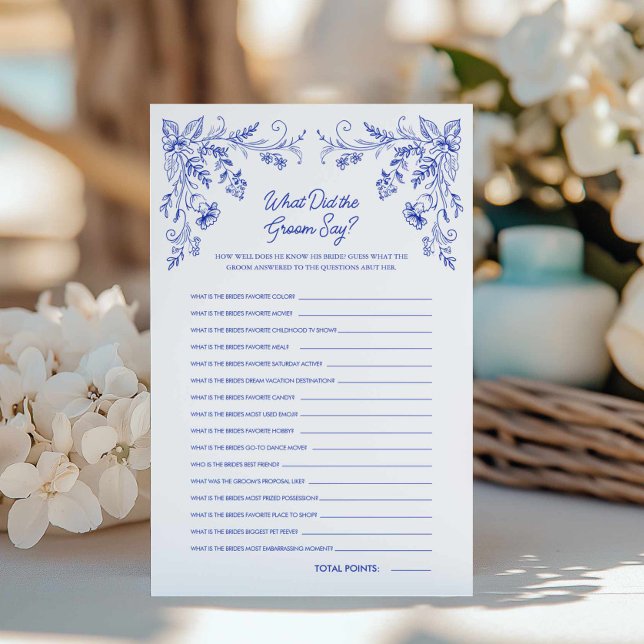 Papier Blue Floral Qu'est-ce qui a fait Groom Bridal Game (Blue Toile What did the groom say bridal shower game)