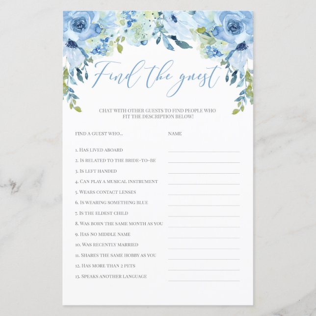 Papier Blue floral trouver l'invité nuptiale douche jeu b (Devant)