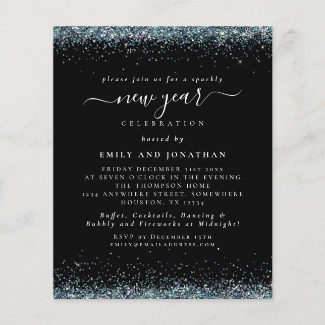 PAPIER | Blue Glitzer Black Silvester Einladung (Vorne)