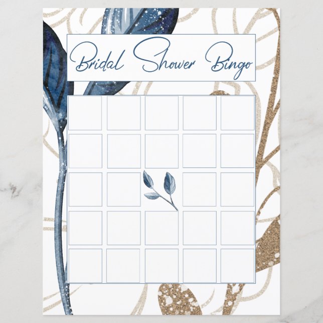 Papier Blue Gold Floral moderne Élégant Bingo nuptiale (Devant)