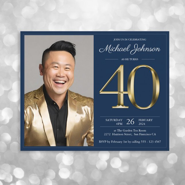 Papier Blue Gold Photo Budget 40e anniversaire Invitation (Mockup View)