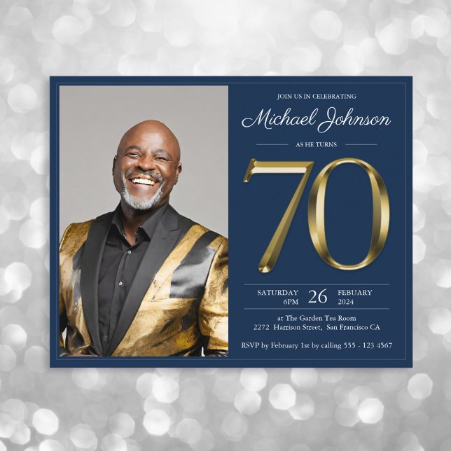 Papier Blue Gold Photo Budget 70e anniversaire Invitation (Mockup View)
