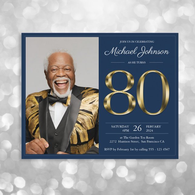 Papier Blue Gold Photo Budget 80e anniversaire Invitation (Mockup View)