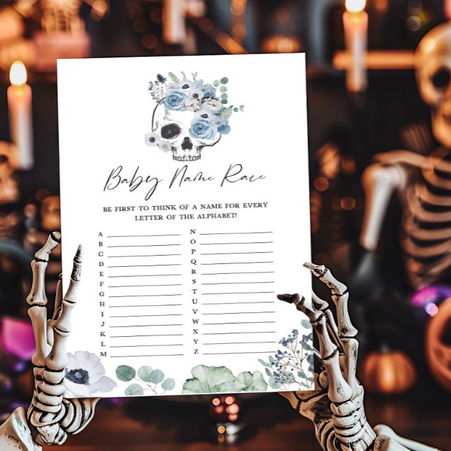 Papier Blue Gothic Floral Crâne Nom de la race Jeu (Floral Skull Baby Shower Baby Name Race Game)