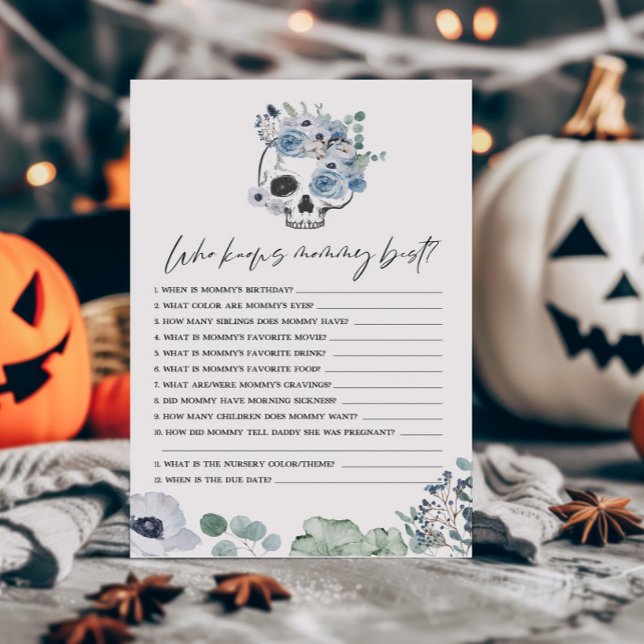 Papier Blue Gothique Floral Crâne Qui connaît maman meill (Floral Skull Baby Shower Who knows Mommy Best Game )
