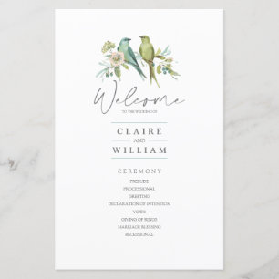 Papier Blue Green Birds Floral Aquarelle Mariage