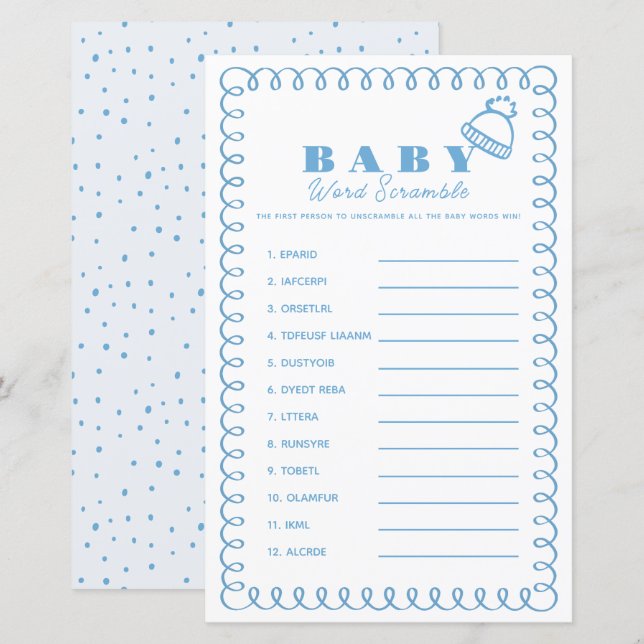 Papier Blue Hand-Drawn Beanie Boy Baby Word Scramble (Devant / Derrière)