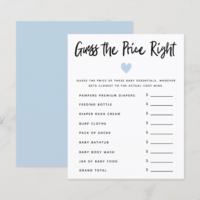 Papier Blue Heart Boy Baby shower Devinez Le Prix Juste (Devant / Derrière)