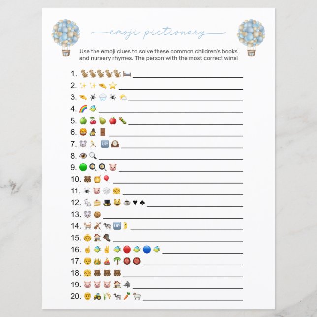 Papier Blue Hot Air Balloon Emoji Books Baby shower Jeu (Devant)