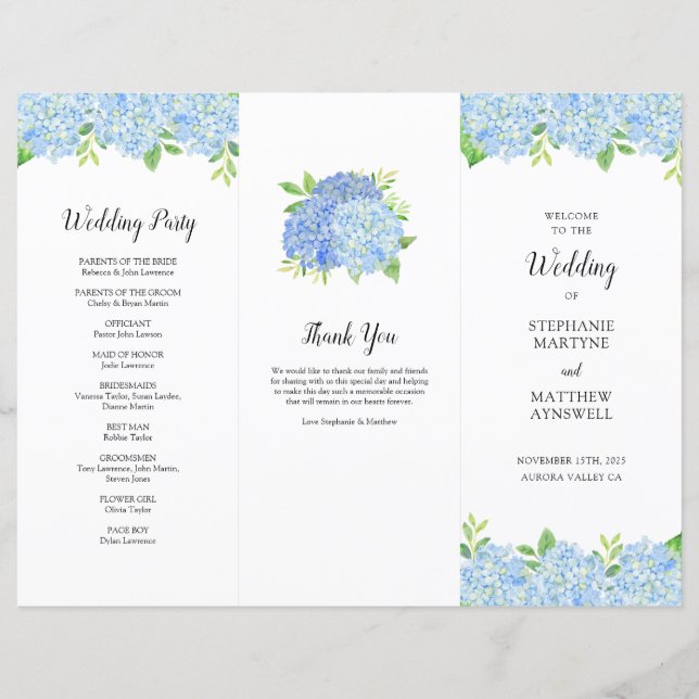 Papier Blue Hydrangea Botanical Mariage Ordre de service (Devant)