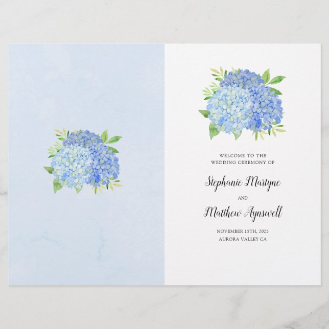 Papier Blue Hydrangea Bouquet Mariage Ordre de service (Devant)
